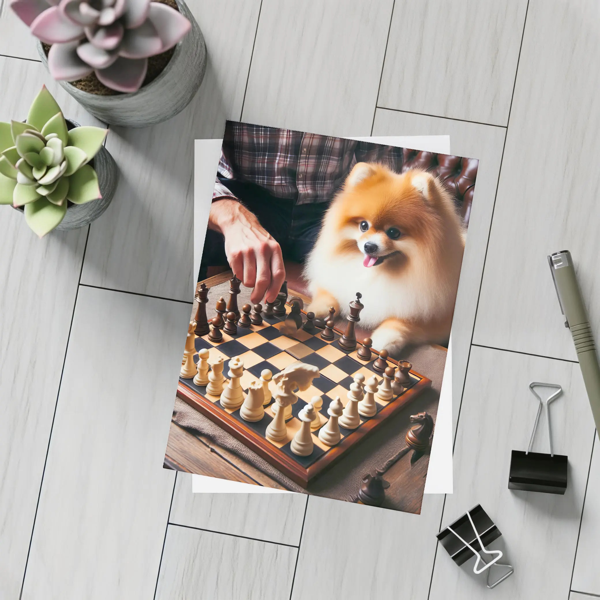 Pomeranian Dog Playing Chess With Man – Postcards