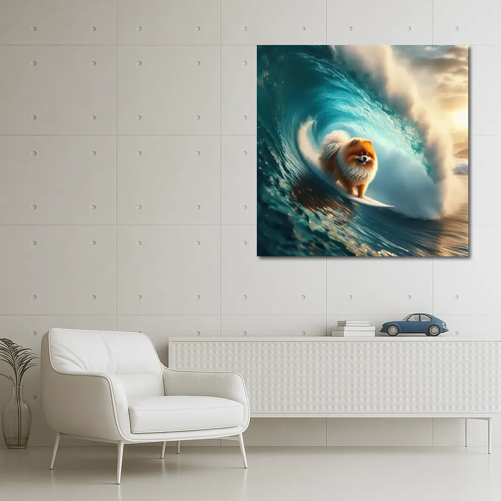 Pomeranian Surfing Massive Ocean Wave – Wall Art