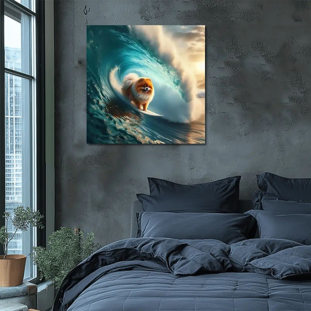 Pomeranian Surfing Massive Ocean Wave – Wall Art