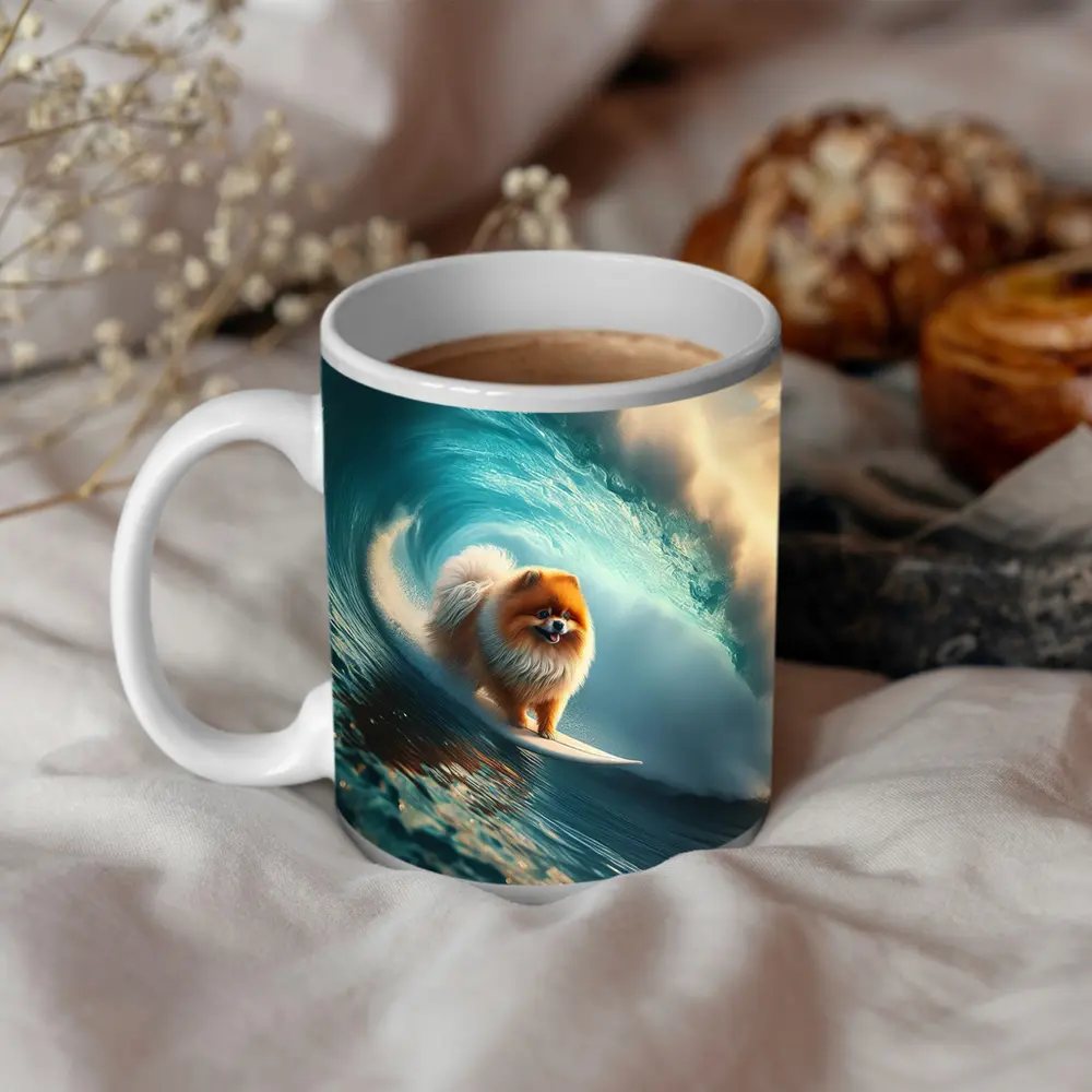 Pomeranian Surfing Massive Ocean Wave – Mugs