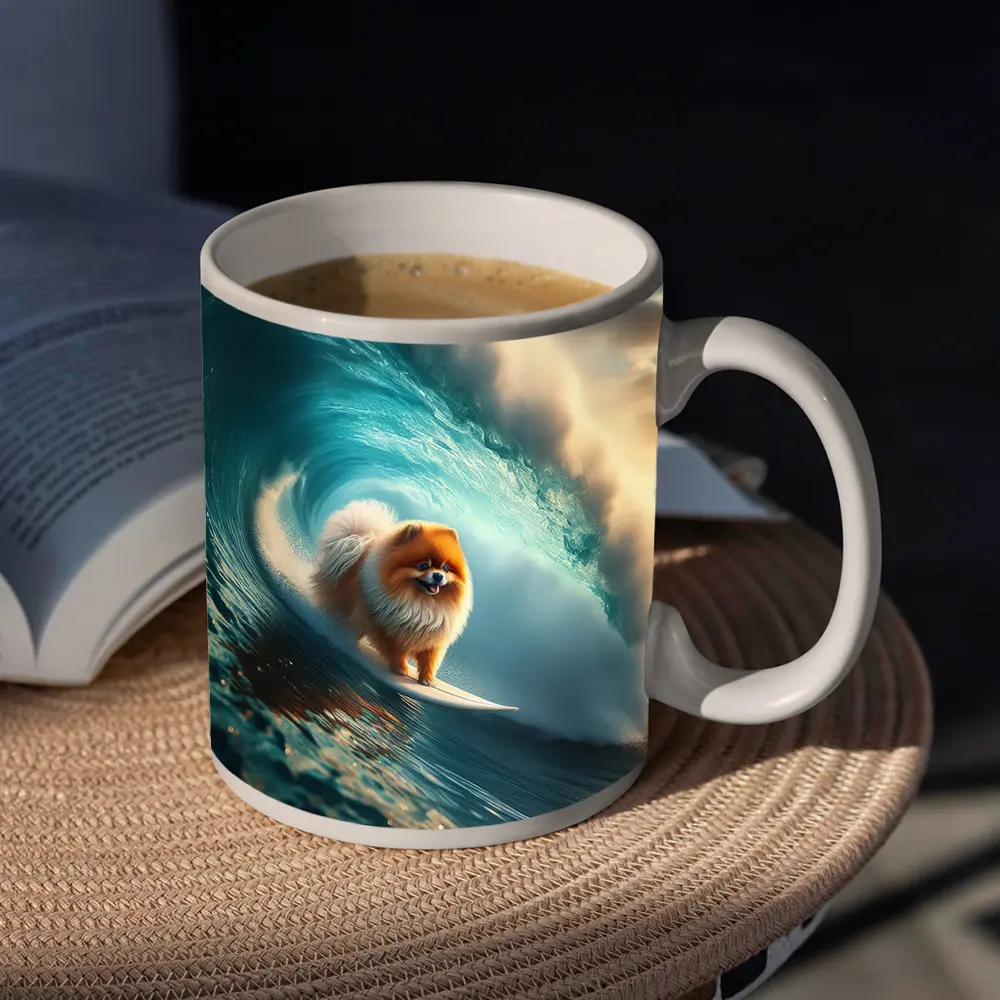 Pomeranian Surfing Massive Ocean Wave – Mugs