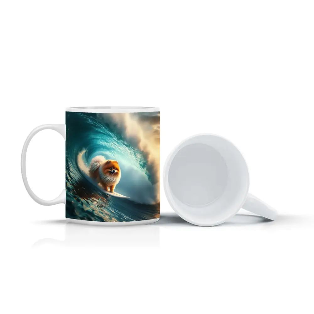 Pomeranian Surfing Massive Ocean Wave – Mugs