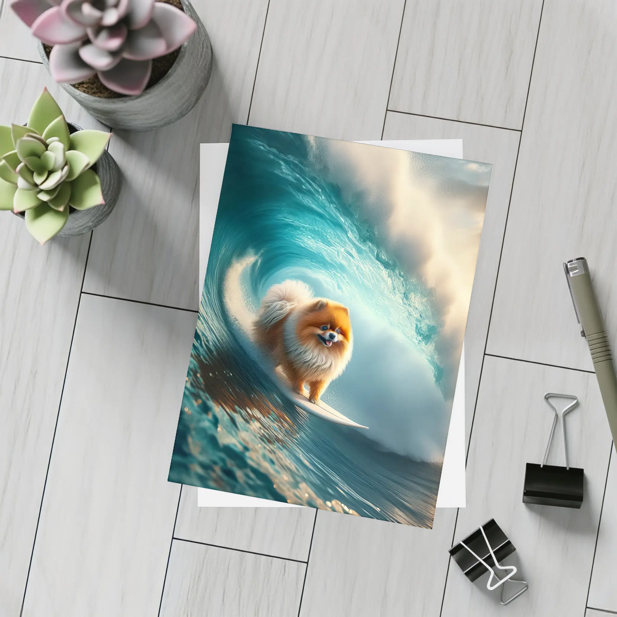 Pomeranian Surfing Massive Ocean Wave – Postcards