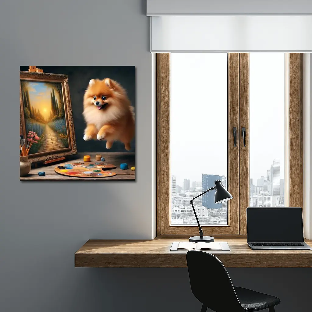 Pomeranian Dog Leaping Near Painting Easel – Wall Art