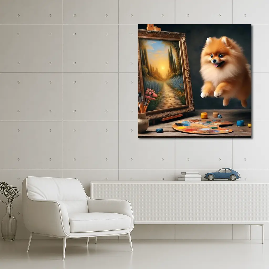 Pomeranian Dog Leaping Near Painting Easel – Wall Art