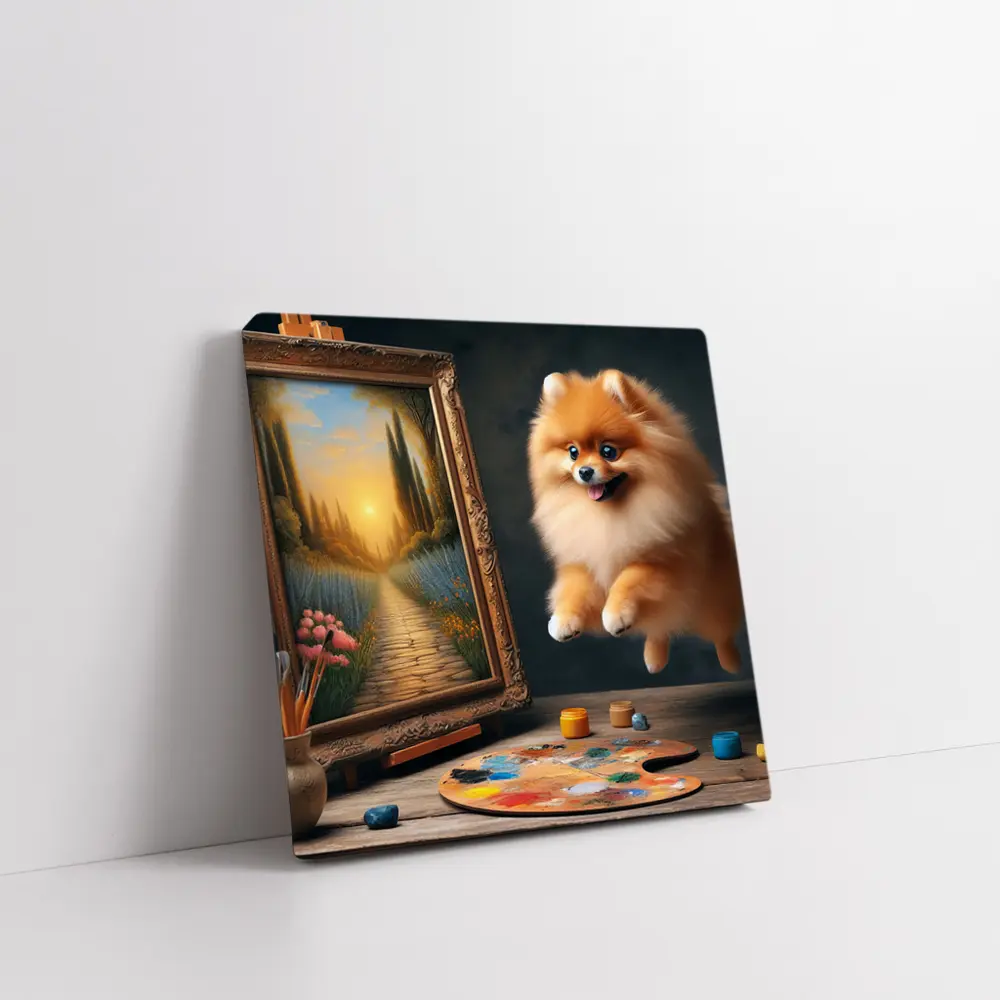 Pomeranian Dog Leaping Near Painting Easel – Wall Art
