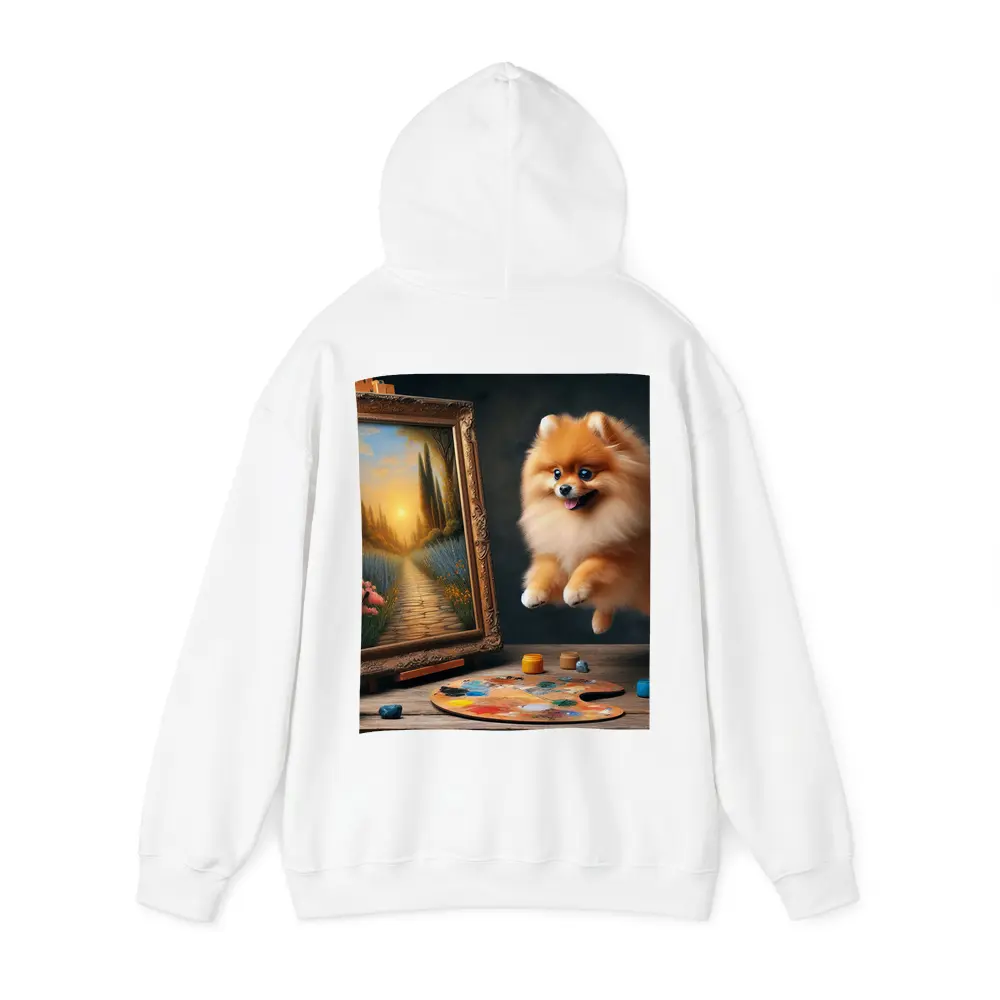 Pomeranian Dog Leaping Near Painting Easel – Hoodies