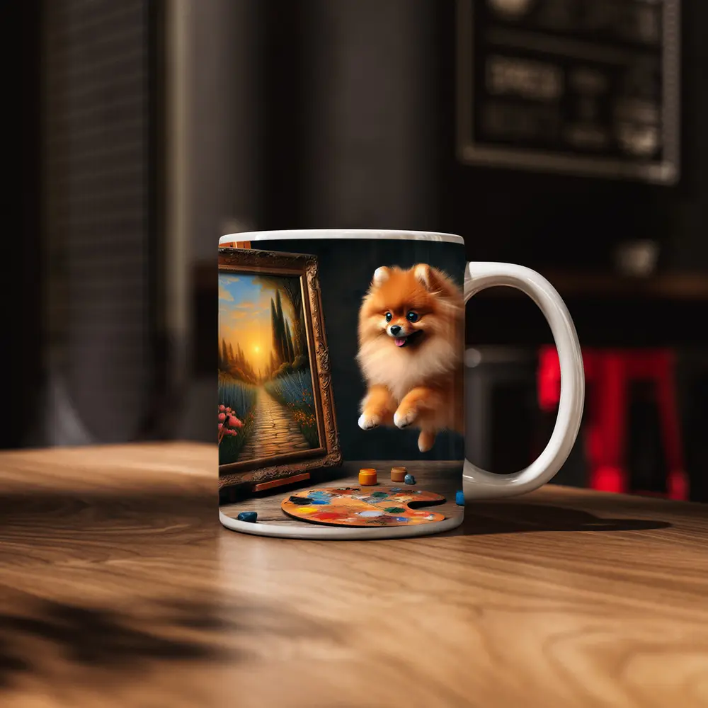 Pomeranian Dog Leaping Near Painting Easel – Mugs