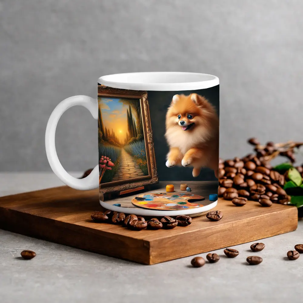 Pomeranian Dog Leaping Near Painting Easel – Mugs