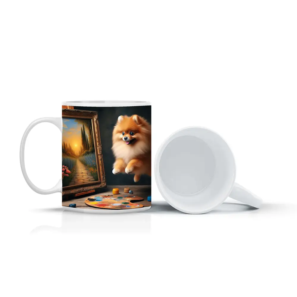 Pomeranian Dog Leaping Near Painting Easel – Mugs