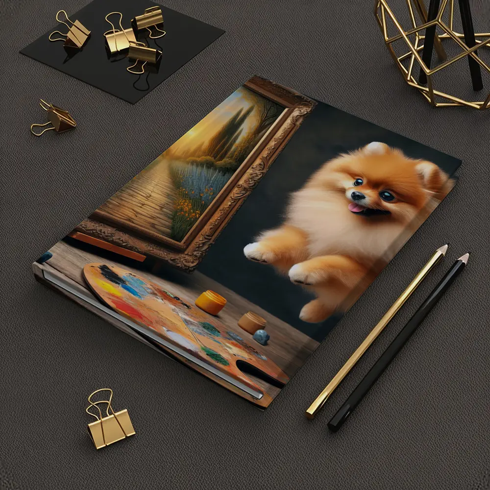 Pomeranian Dog Leaping Near Painting Easel – Notebooks