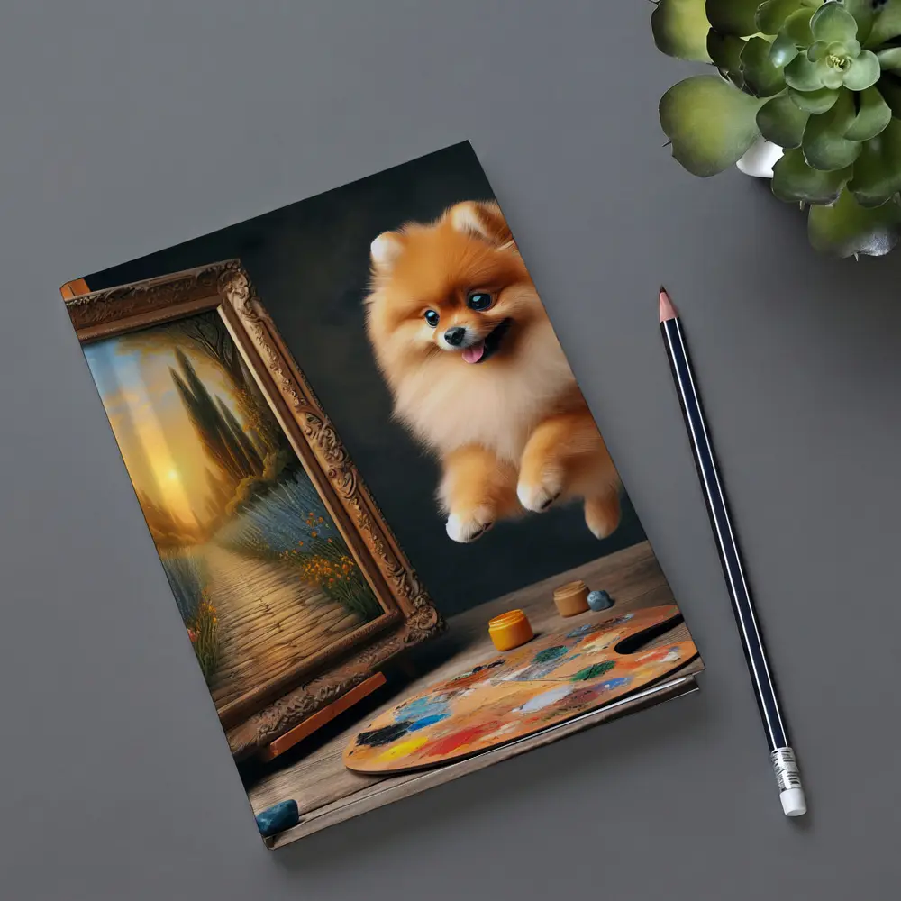 Pomeranian Dog Leaping Near Painting Easel – Notebooks