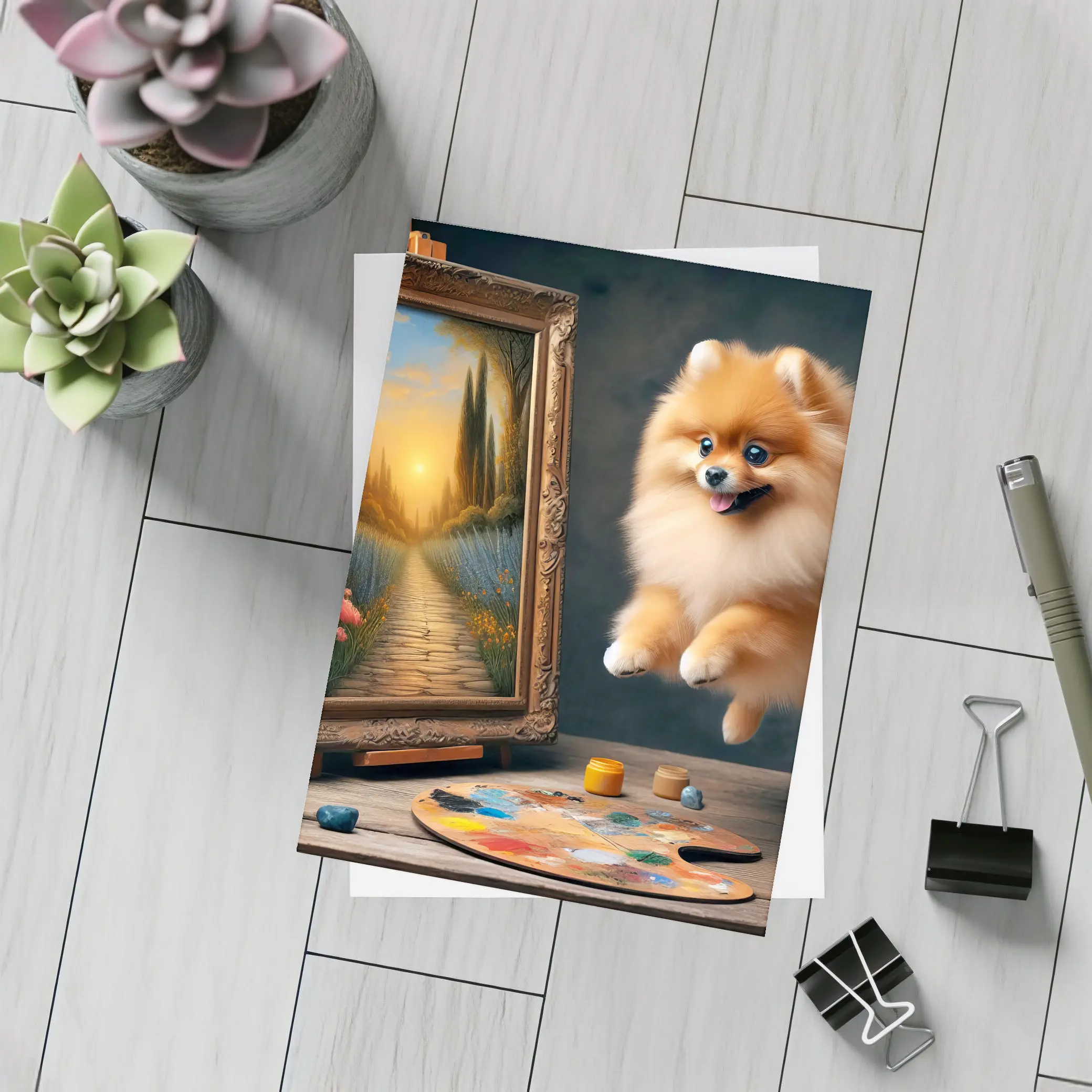Pomeranian Dog Leaping Near Painting Easel – Postcards