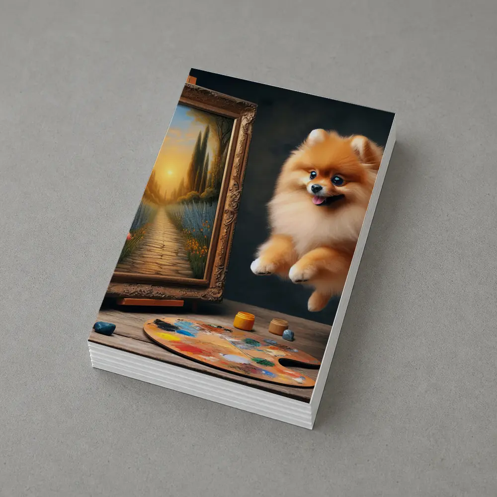 Pomeranian Dog Leaping Near Painting Easel – Postcards