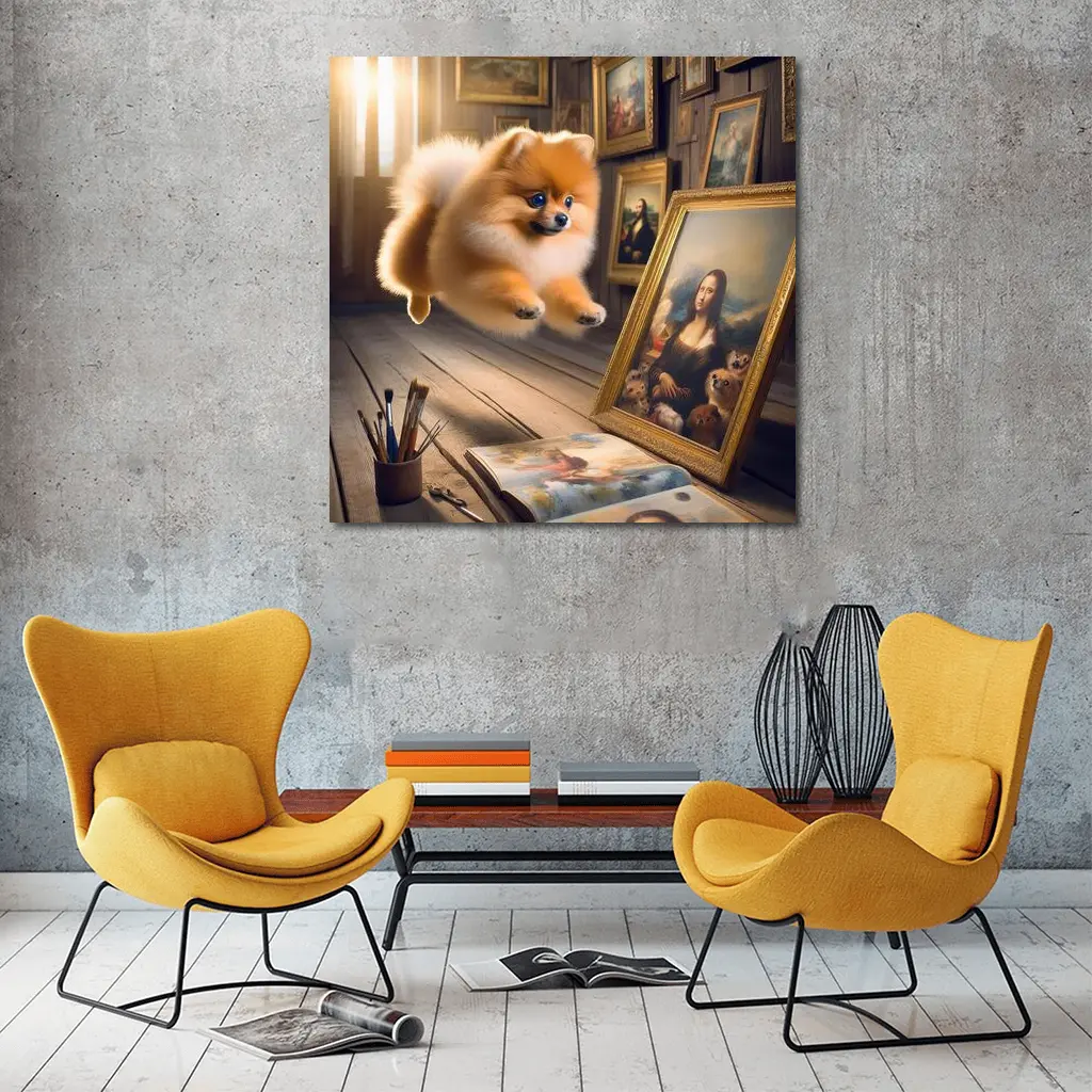 Pomeranian Dog Flying Art Gallery Scene – Wall Art