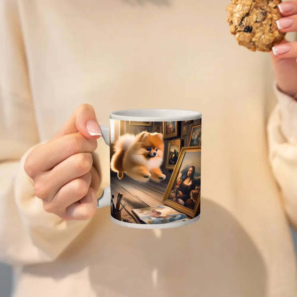 Pomeranian Dog Flying Art Gallery Scene – Mugs