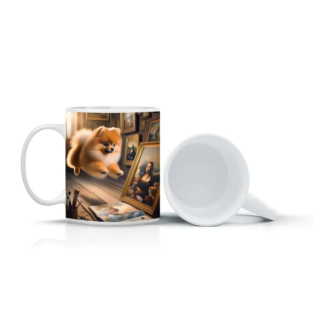 Pomeranian Dog Flying Art Gallery Scene – Mugs