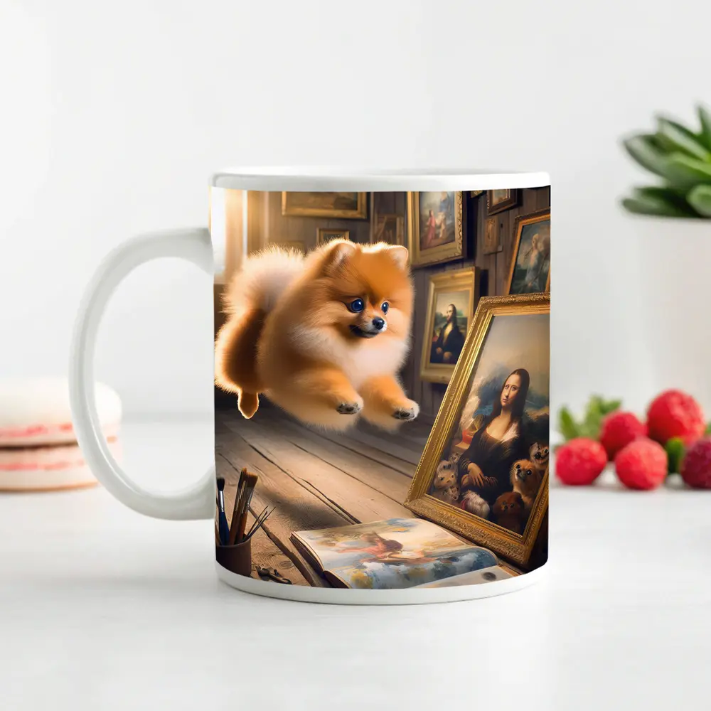 Pomeranian Dog Flying Art Gallery Scene – Mugs