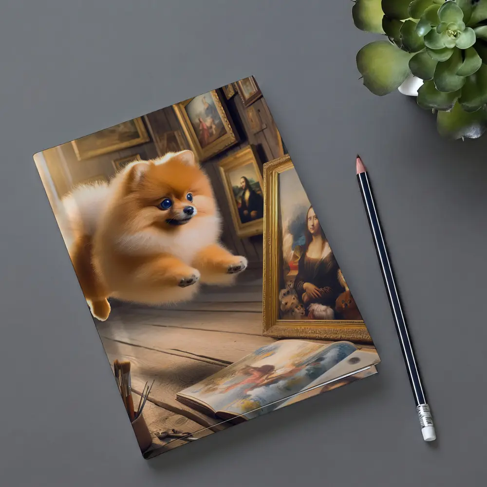 Pomeranian Dog Flying Art Gallery Scene – Notebooks