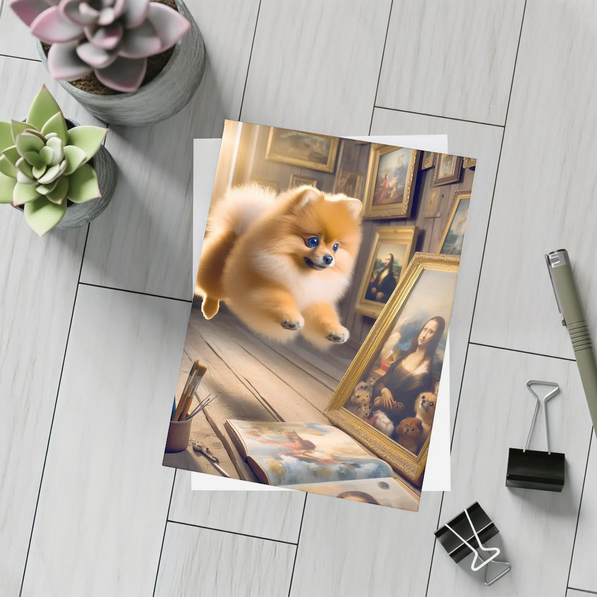 Pomeranian Dog Flying Art Gallery Scene – Postcards