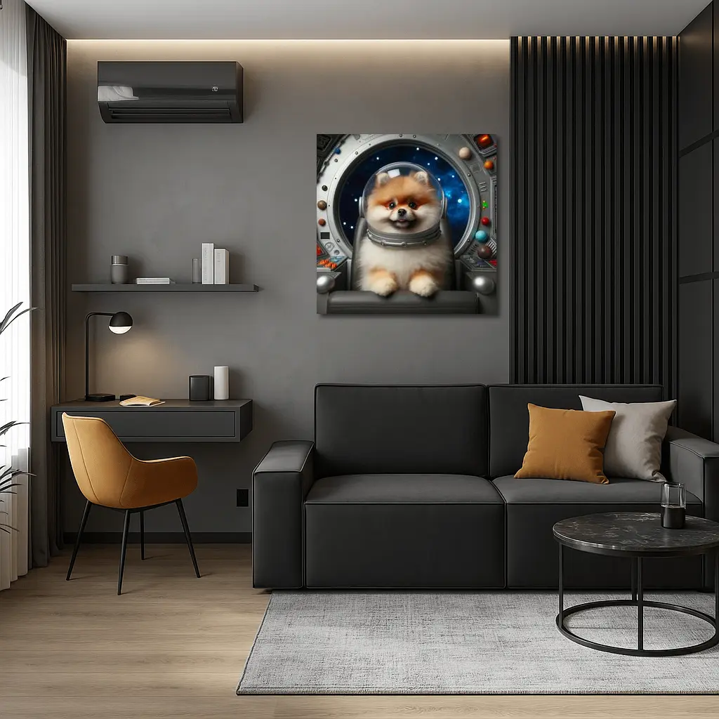 Pomeranian Astronaut Dog in Space Cockpit – Wall Art