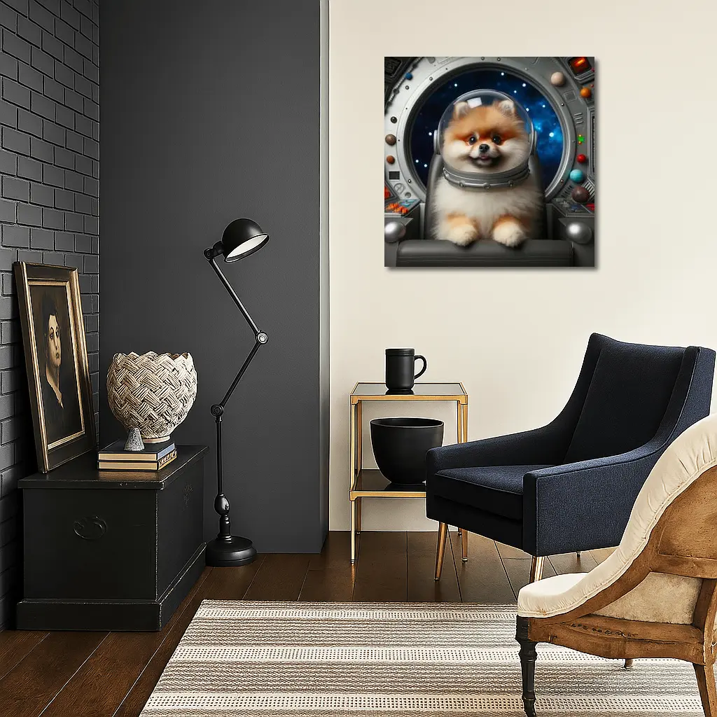 Pomeranian Astronaut Dog in Space Cockpit – Wall Art
