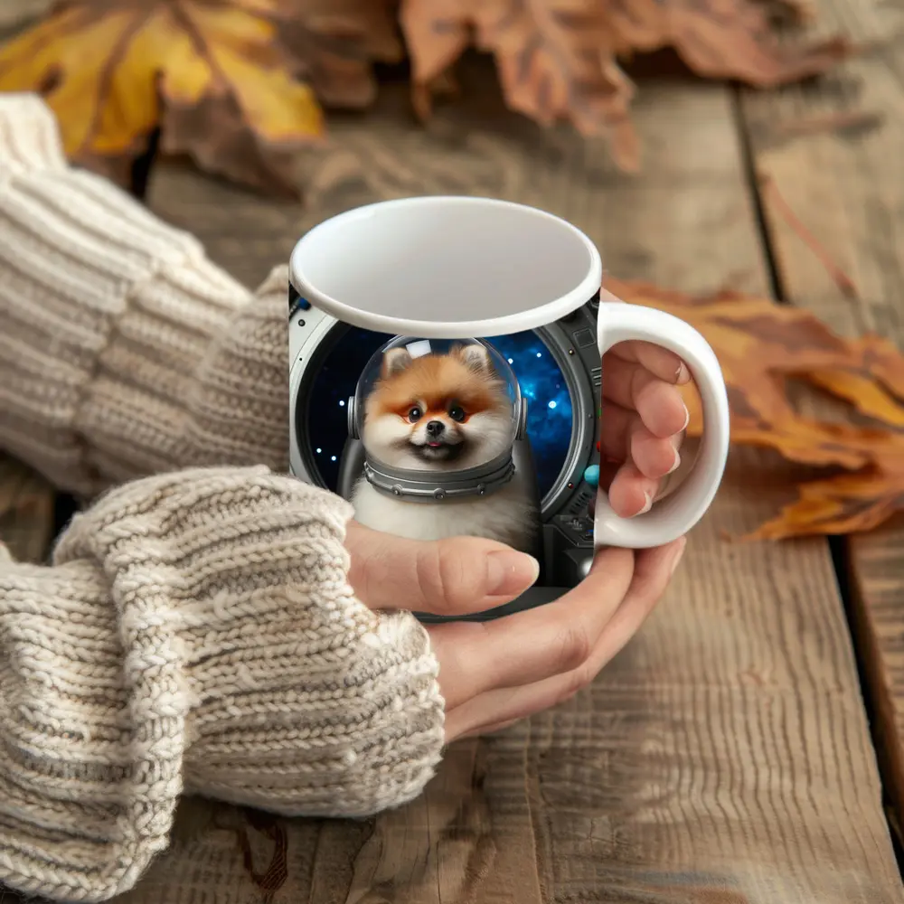 Pomeranian Astronaut Dog in Space Cockpit – Mugs