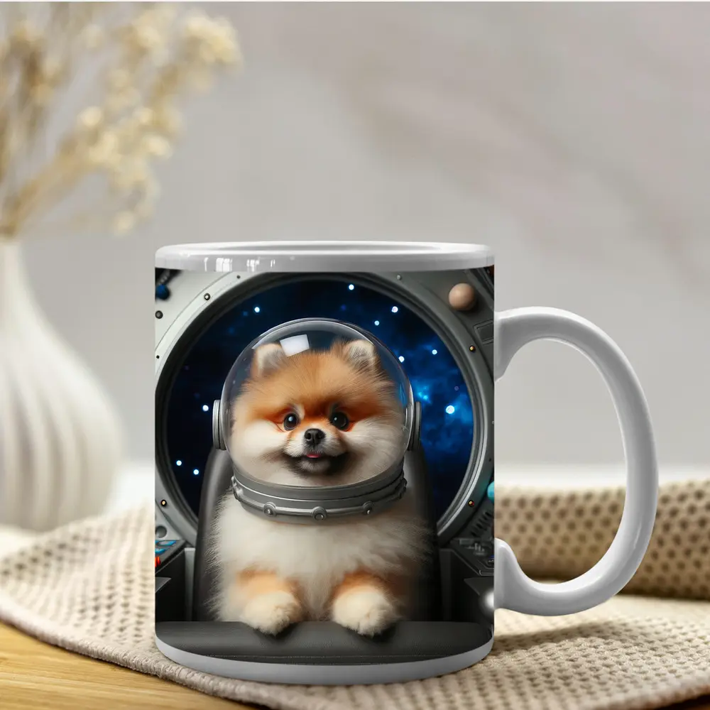 Pomeranian Astronaut Dog in Space Cockpit – Mugs