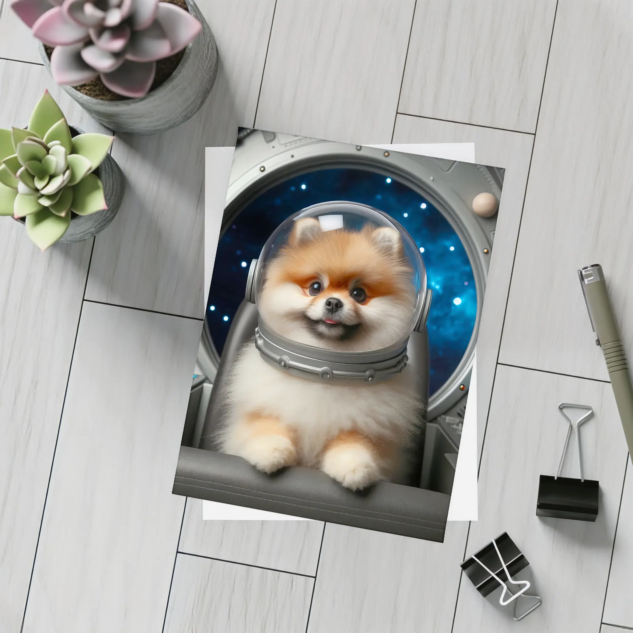 Pomeranian Astronaut Dog in Space Cockpit – Postcards