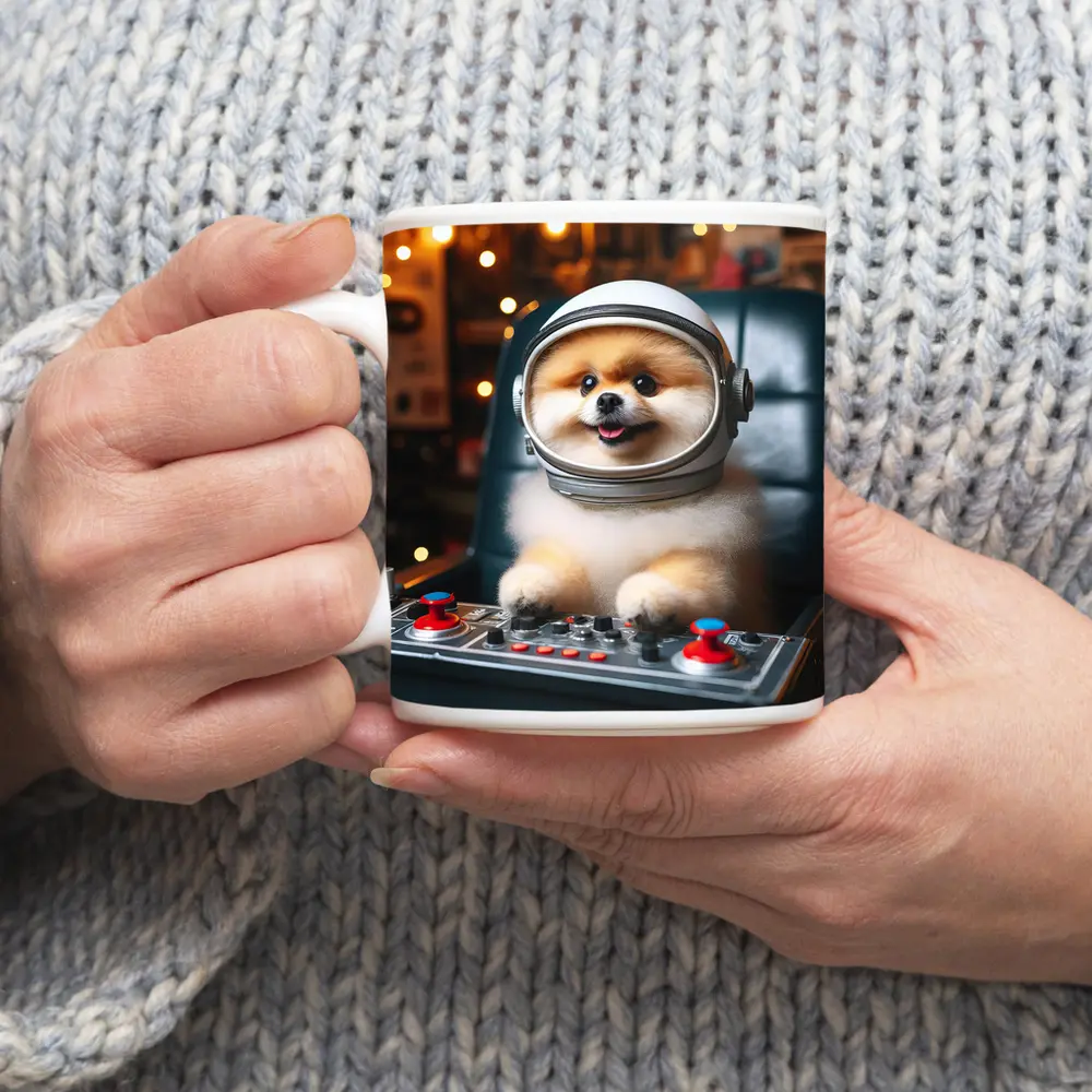 Pomeranian Astronaut Dog at Space Controls – Mugs
