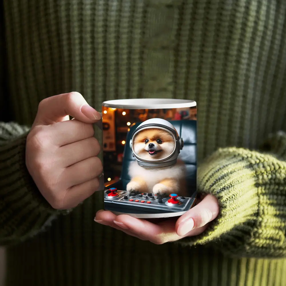 Pomeranian Astronaut Dog at Space Controls – Mugs
