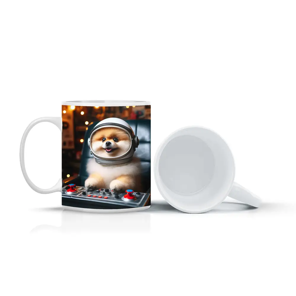 Pomeranian Astronaut Dog at Space Controls – Mugs