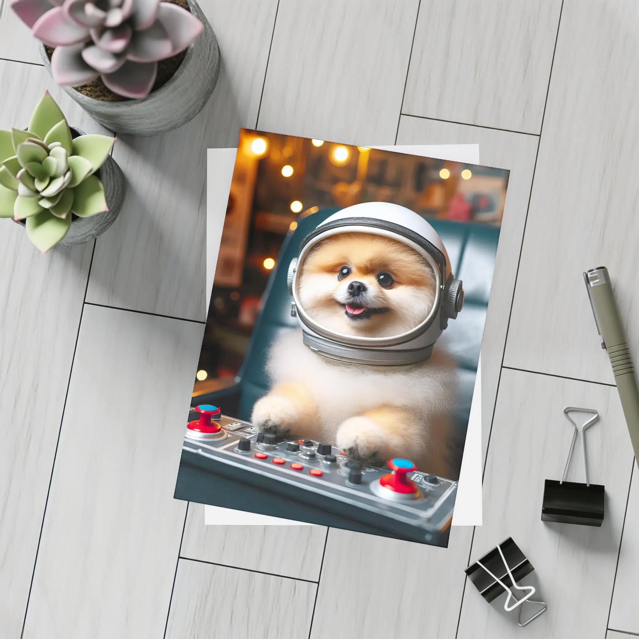 Pomeranian Astronaut Dog at Space Controls – Postcards