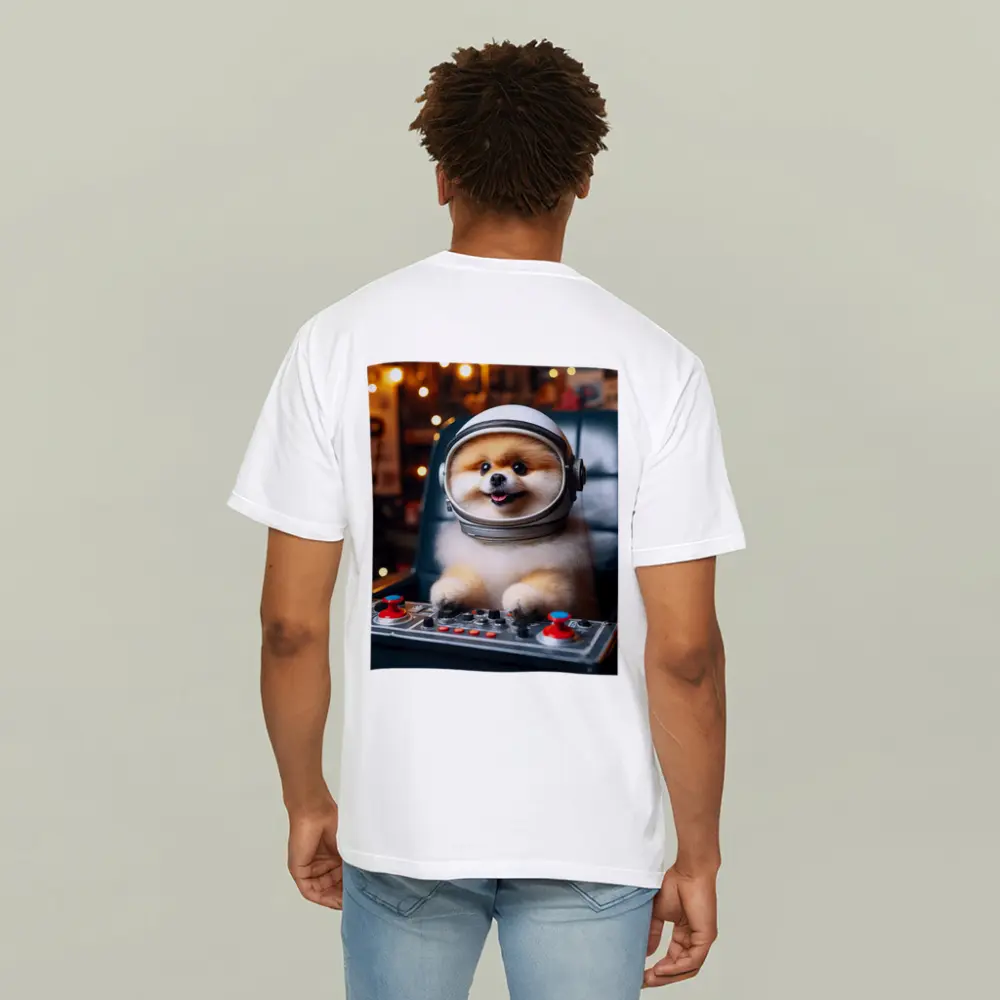 Pomeranian Astronaut Dog at Space Controls – T-Shirts