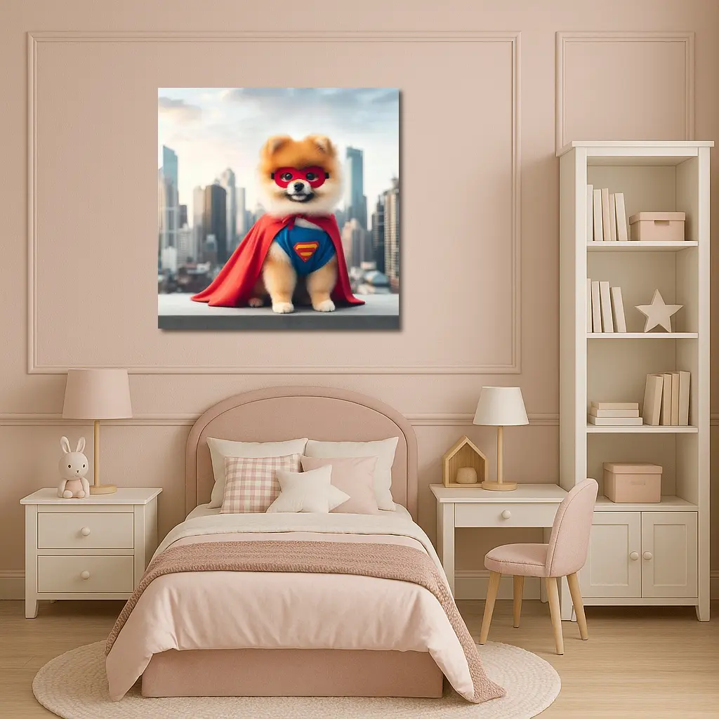 Pomeranian Superhero Dog City Skyline – Wall Art