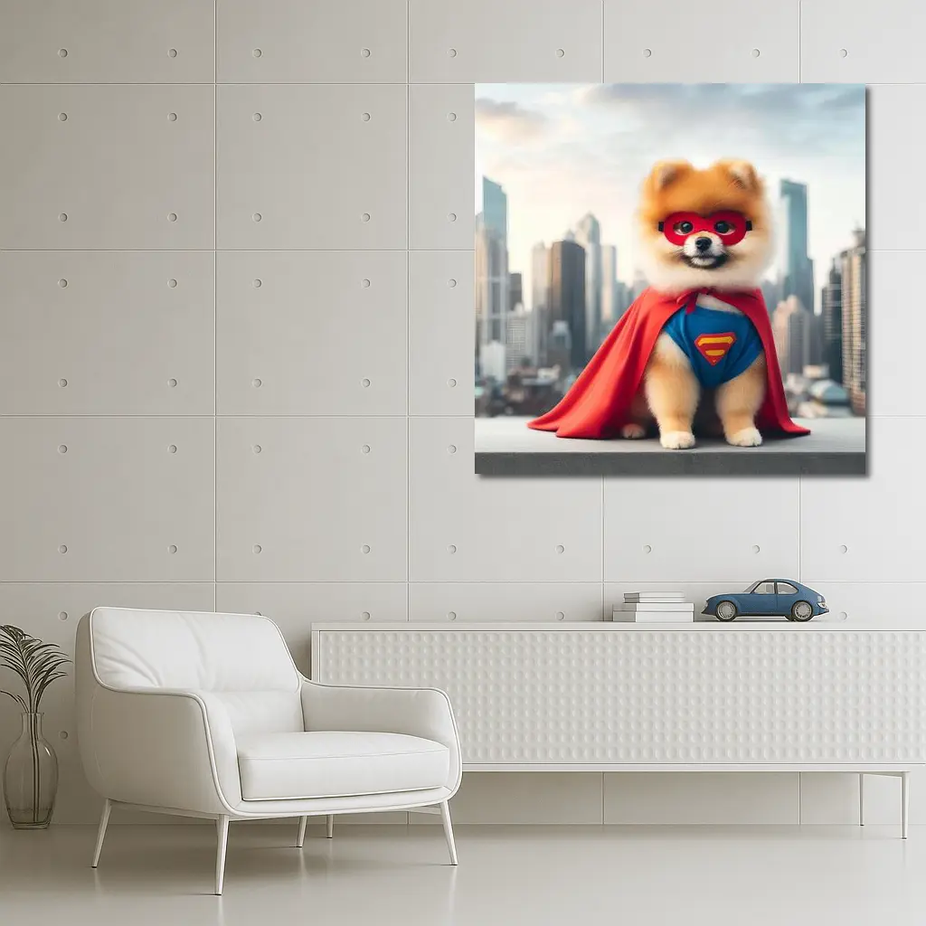Pomeranian Superhero Dog City Skyline – Wall Art