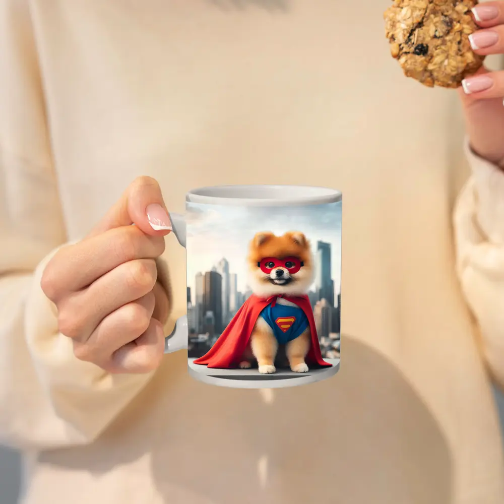 Pomeranian Superhero Dog City Skyline – Mugs