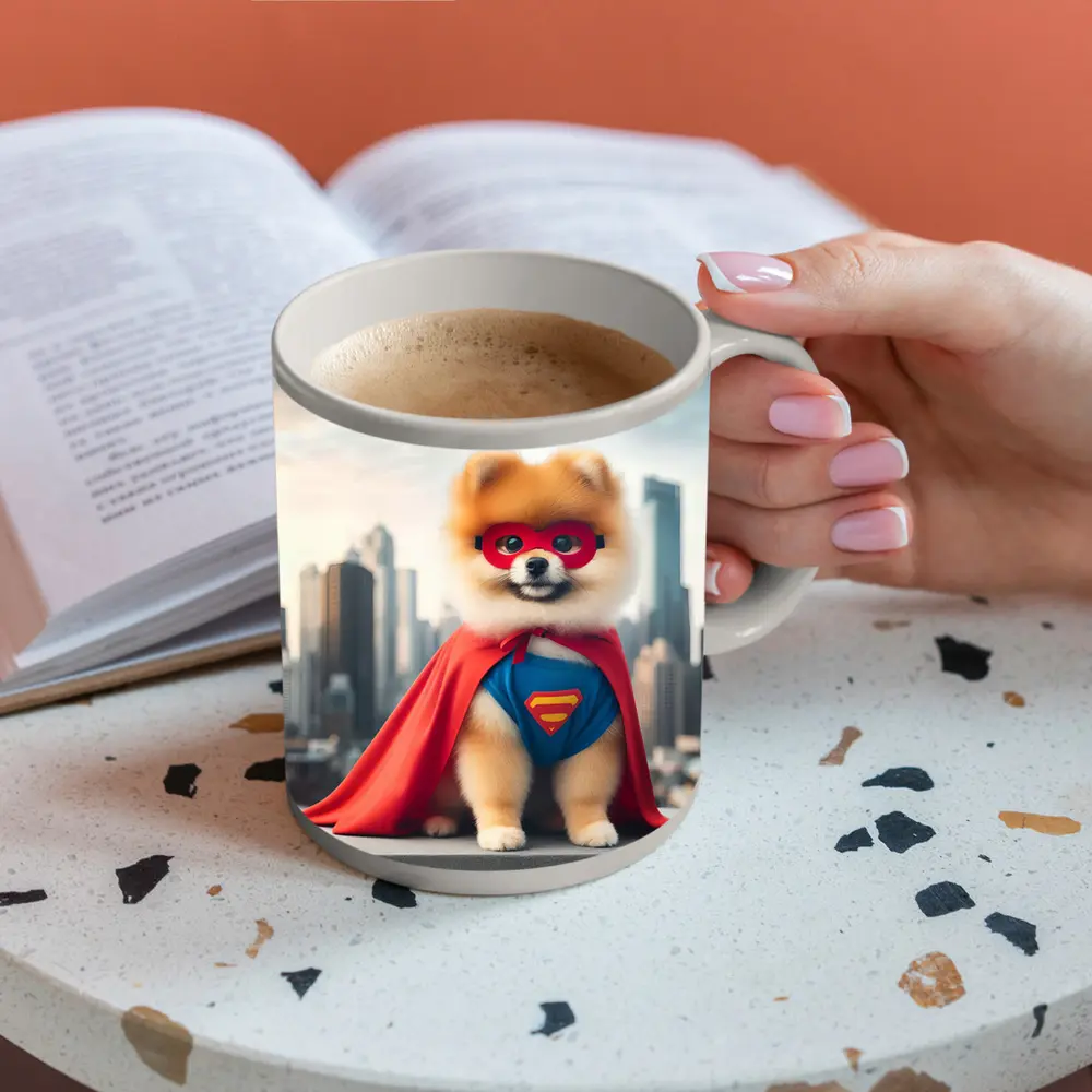 Pomeranian Superhero Dog City Skyline – Mugs