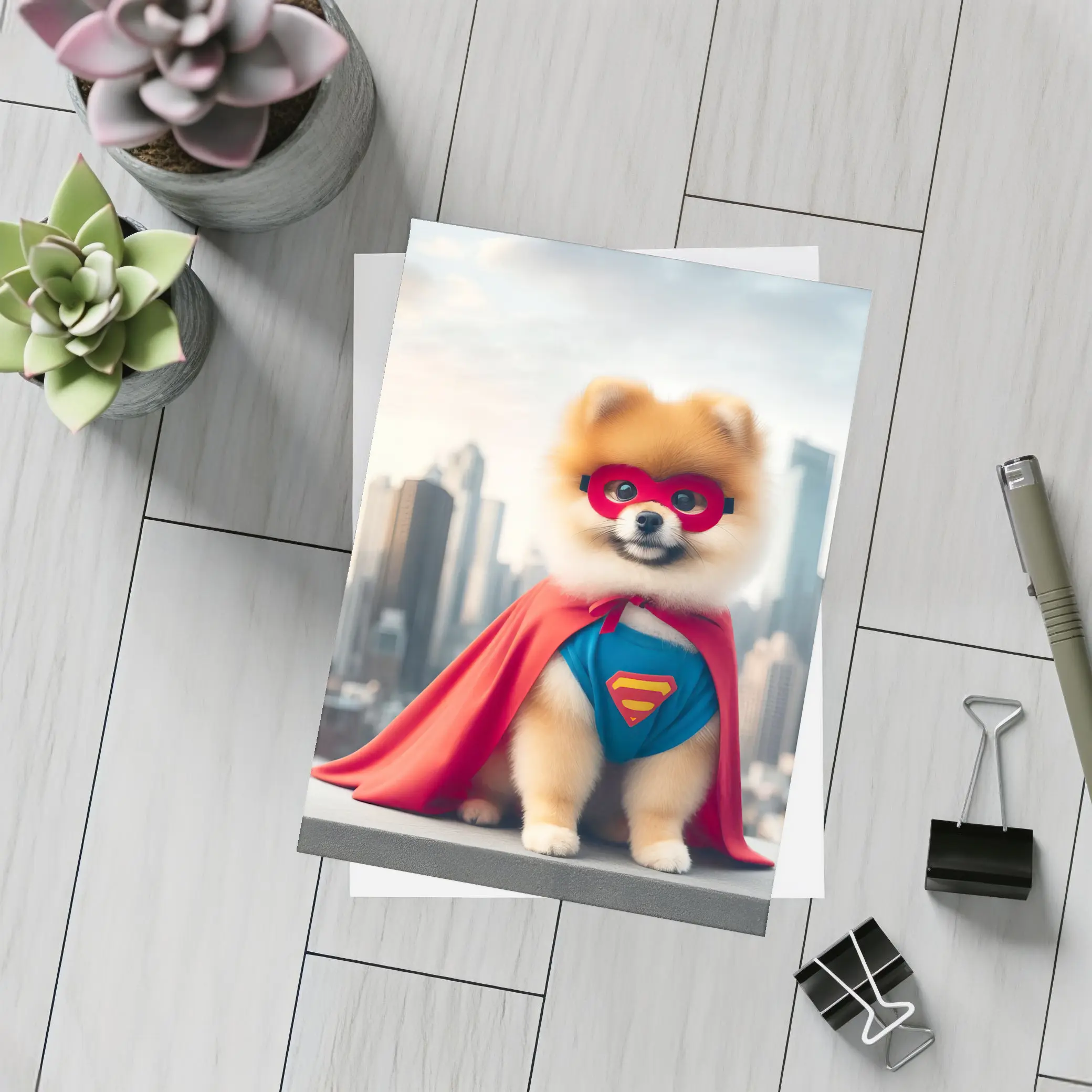 Pomeranian Superhero Dog City Skyline – Postcards