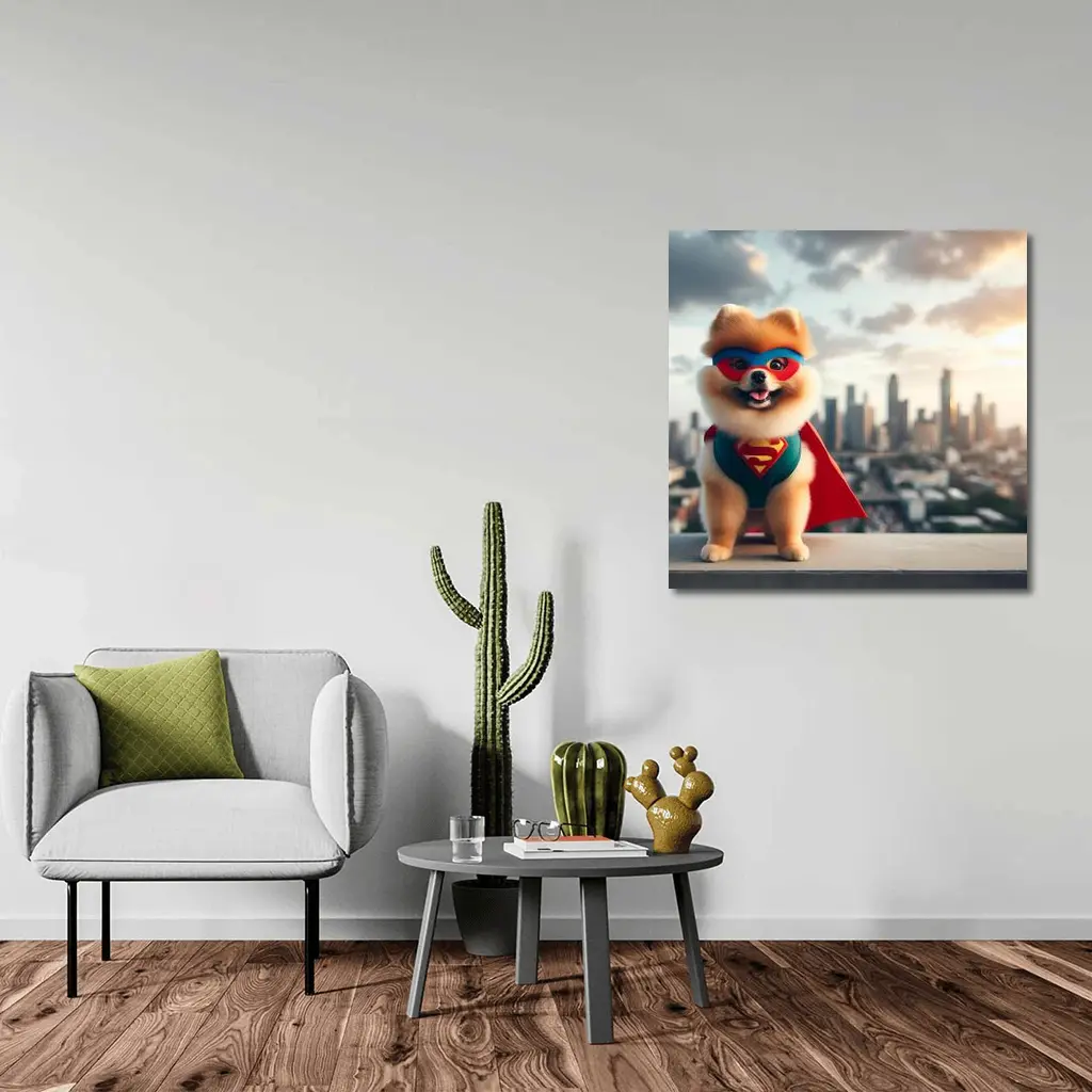 Pomeranian Superhero Cape City Skyline Background – Wall Art