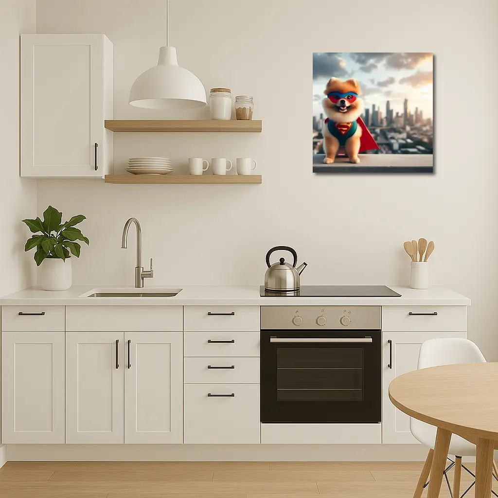 Pomeranian Superhero Cape City Skyline Background – Wall Art