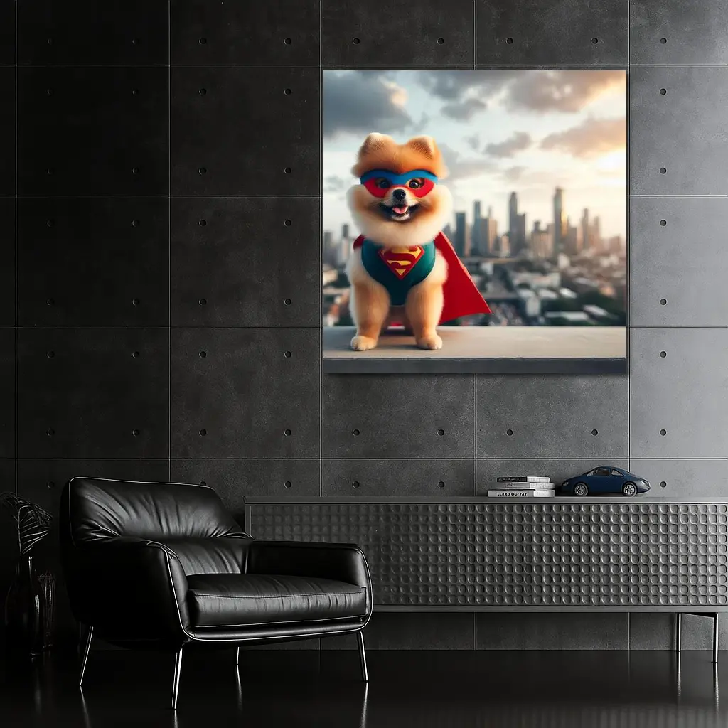 Pomeranian Superhero Cape City Skyline Background – Wall Art