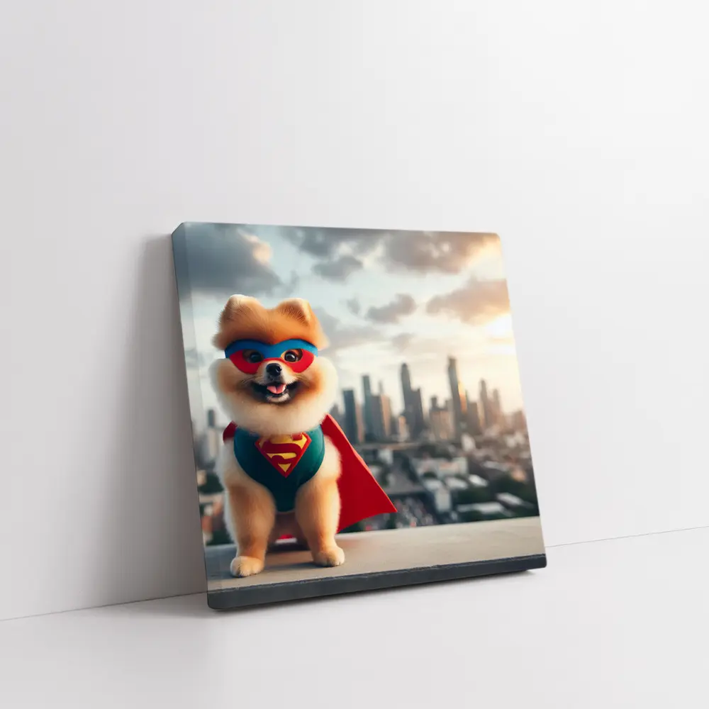 Pomeranian Superhero Cape City Skyline Background – Wall Art