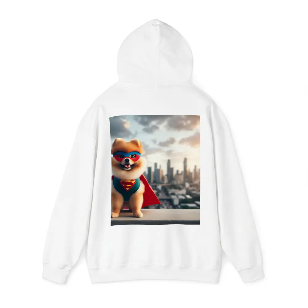 Pomeranian Superhero Cape City Skyline Background – Hoodies