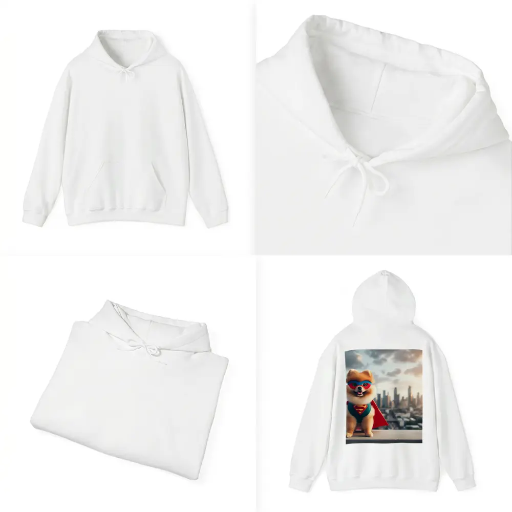 Pomeranian Superhero Cape City Skyline Background – Hoodies