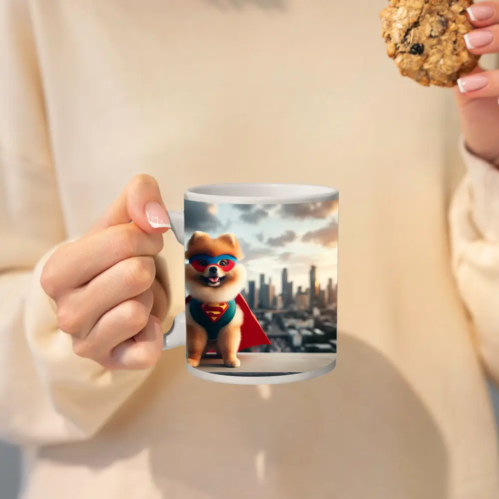 Pomeranian Superhero Cape City Skyline Background – Mugs