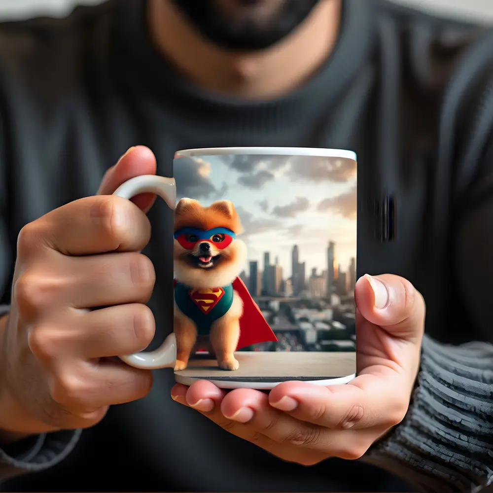 Pomeranian Superhero Cape City Skyline Background – Mugs