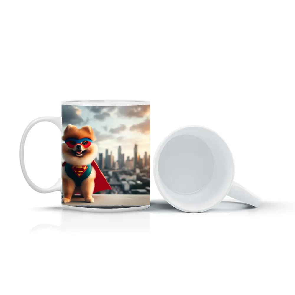 Pomeranian Superhero Cape City Skyline Background – Mugs