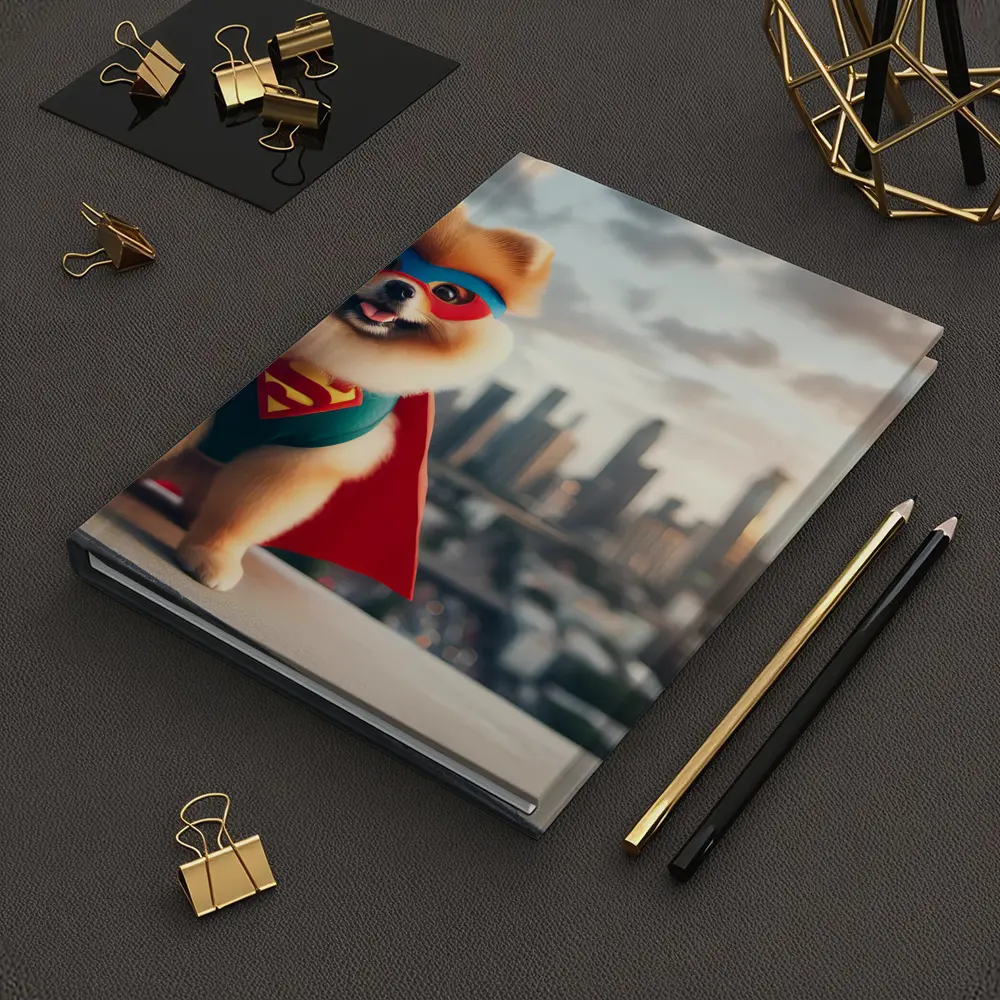 Pomeranian Superhero Cape City Skyline Background – Notebooks
