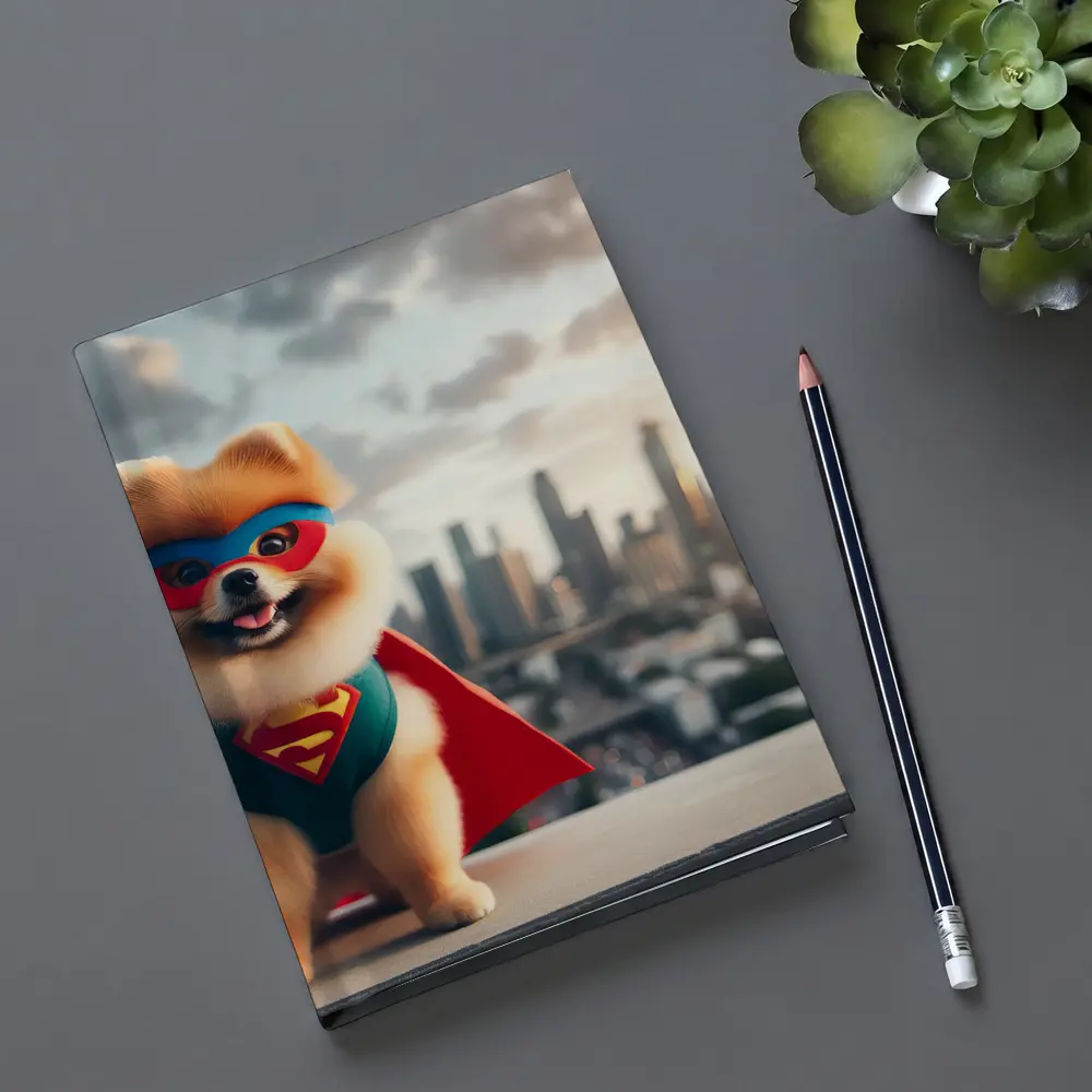 Pomeranian Superhero Cape City Skyline Background – Notebooks
